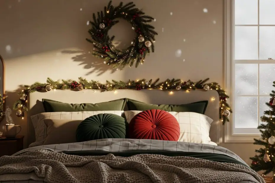 A cozy Christmas bedroom featuring a layered winter bed with knit and velvet textures, warm fairy lights, an evergreen garland, a lit Christmas tree in the corner, wrapped gifts, and soft snowy window light creating a warm holiday atmosphere.