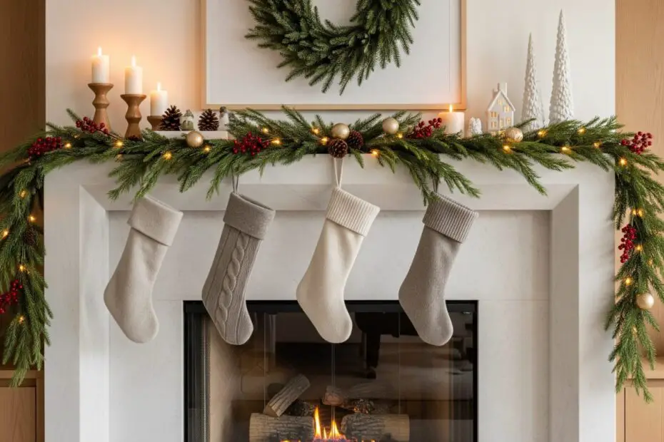 Christmas fireplace mantel with evergreen garland, warm lights, stockings, and subtle festive accents in a modern rustic interior.