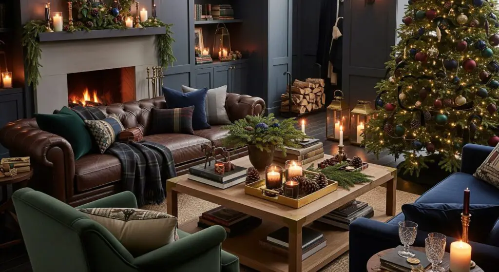 Elegant Ralph Lauren–style Christmas living room with leather sofa, tartan throws, velvet pillows, stone fireplace, and a decorated evergreen tree in a warm, moody holiday setting.