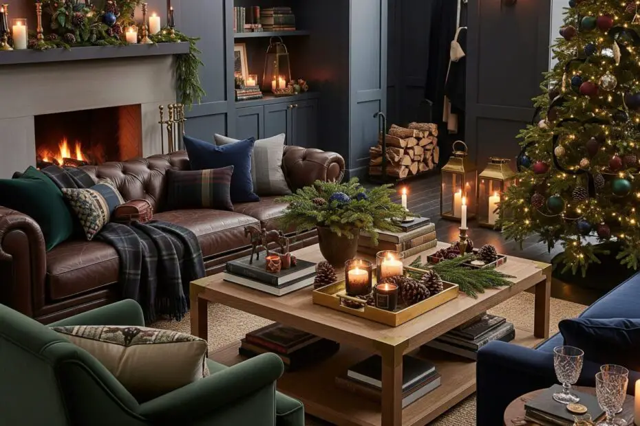 Elegant Ralph Lauren–style Christmas living room with leather sofa, tartan throws, velvet pillows, stone fireplace, and a decorated evergreen tree in a warm, moody holiday setting.