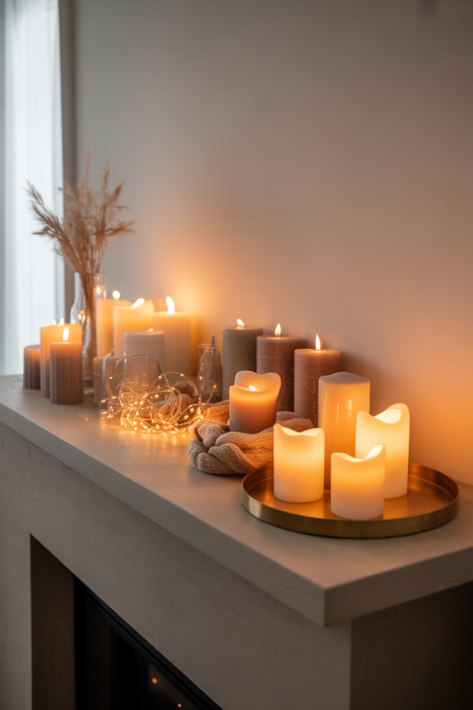 A winter mantel softly glowing under warm ambient lighting with candles, garland, and muted textures, creating a cozymaxxing-inspired, golden-toned winter atmosphere.