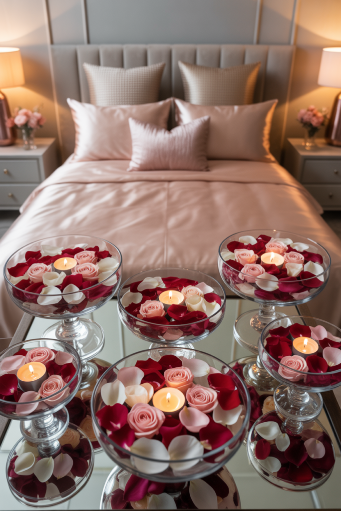 Elegant bedroom vignette showing crystal bowls filled with layered rose petals and floating candles placed around a neatly made bed.