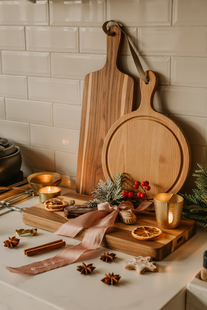 Wooden cutting boards round and paddle style as backdrops, leaning against the backsplash, decorated with a sprig of evergreen or a small ornament.