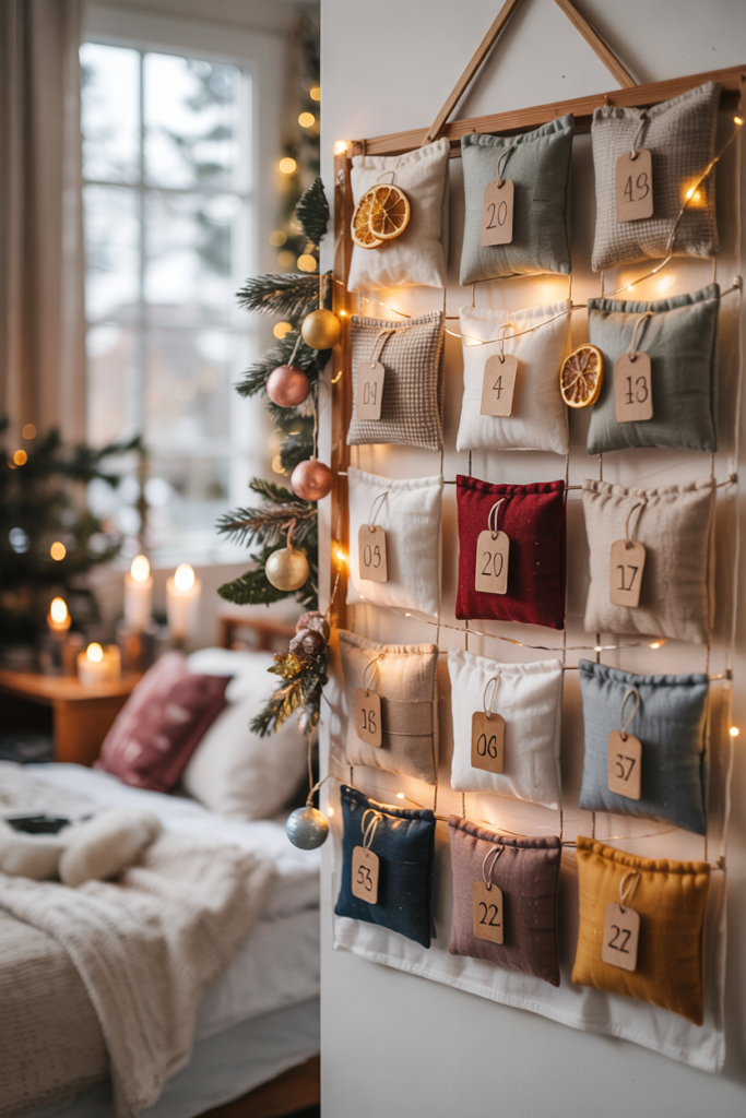 A decorative advent calendar on a wall as both décor .