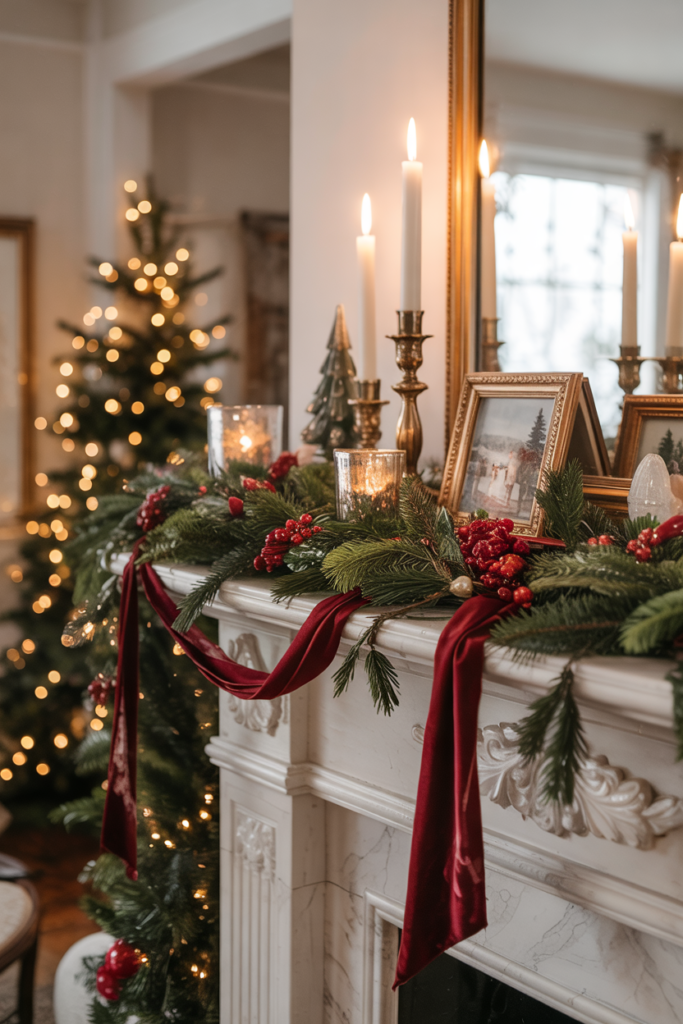Modern luxe Christmas fireplace decorated with a lush evergreen garland, red berries, and deep red velvet ribbon, glowing warmly with candlelight for a timeless holiday look.