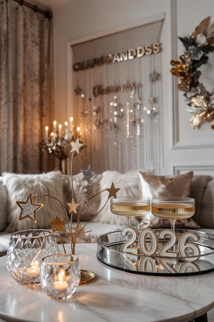 Champagne and diamonds New Year decor with crystal bead curtains, sparkling star garlands, and warm festive glow.