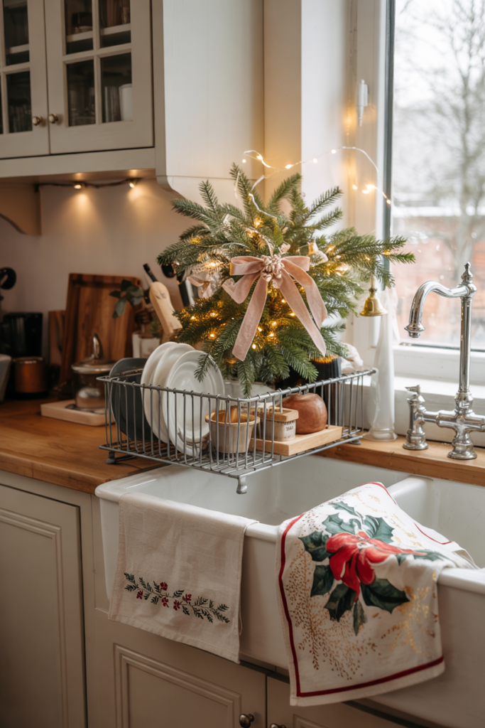 A small evergreen garland and string of tiny lights around your dish rack, and seasonal-themed drying towels in that area.
