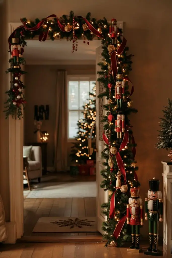 Mini nutcracker soldiers strung with garland around a festive modern rustic door frame.