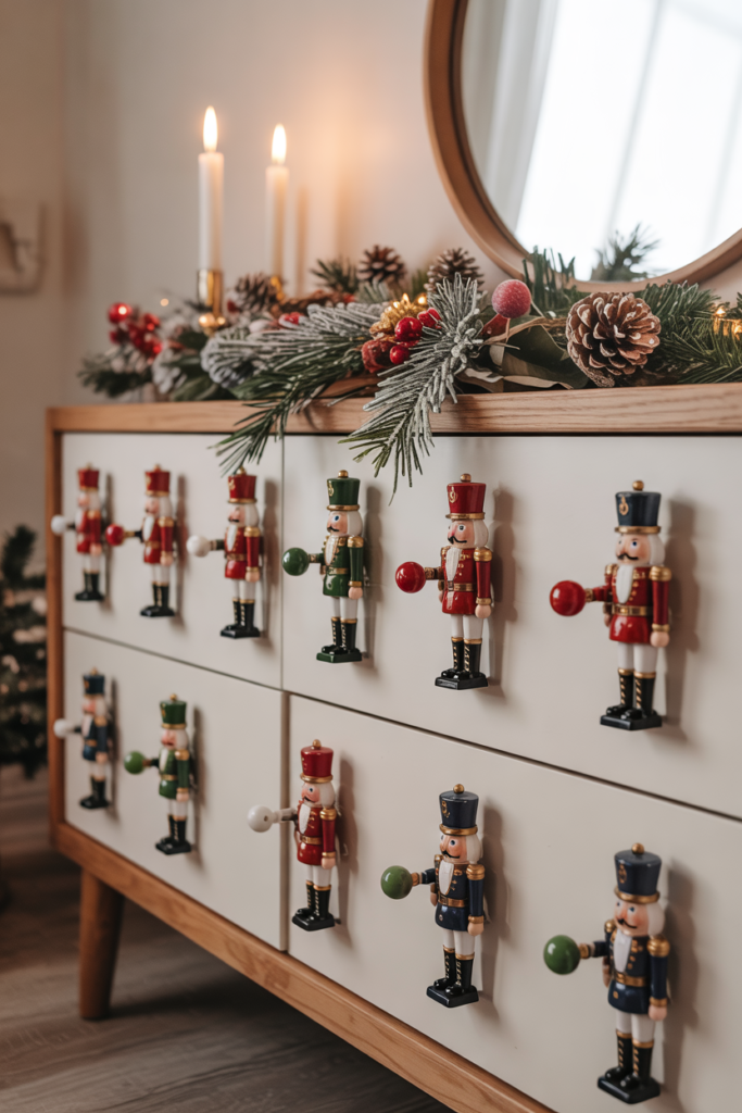 Sideboard with Nutcracker-themed drawer knobs in a festive modern rustic interior.