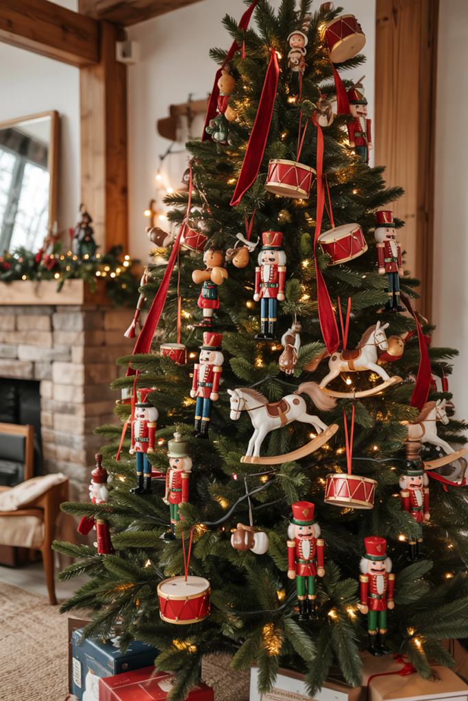 Christmas tree with Nutcracker, drum, and rocking horse ornaments in red, gold, and green.