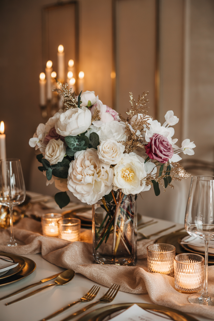 Tall edible glitter floral arrangements with gold and silver shimmer, creating a luxurious New Year 2026 home centerpiece.