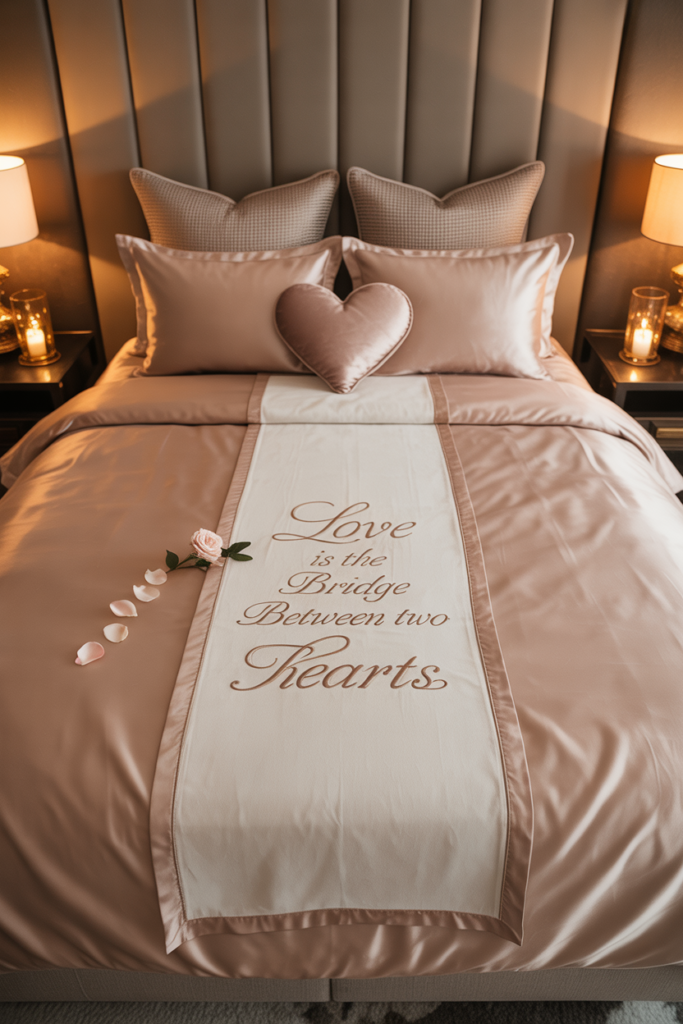 A hotel-style bed with a luxe fabric bed runner embroidered with a handwritten love quote across the foot.