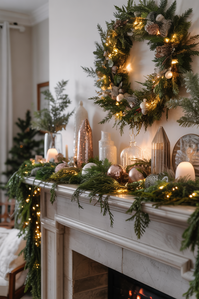 A winter mantel with fairy lights woven through greenery and metallic accents, creating a soft, elegant glow for a subtle festive look.
