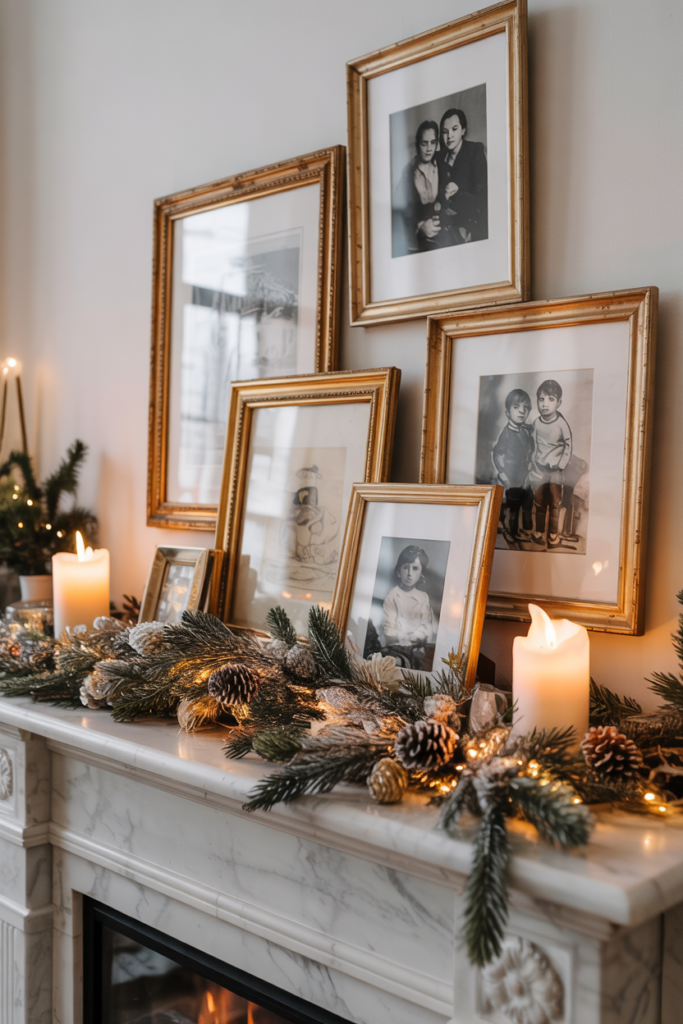 A modern winter mantel featuring framed black-and-white family photos and vintage sketches, styled with candles and greenery for a warm, nostalgic holiday look.