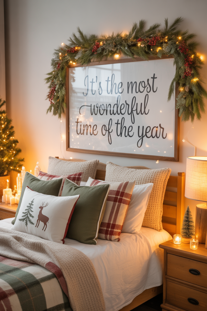 Framed sign with a seasonal lyric, decorated with garland or lights.