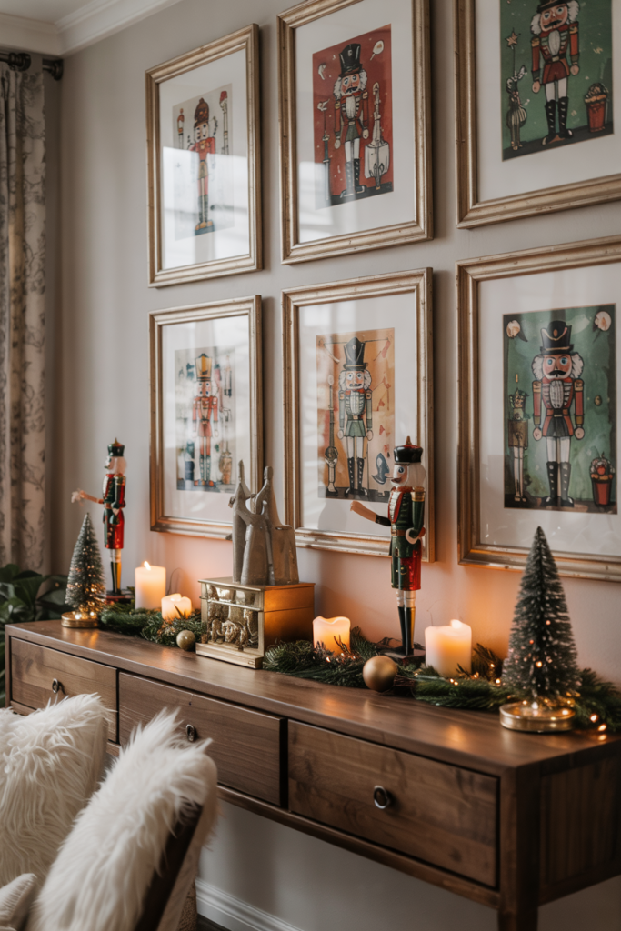 Nutcracker-themed framed artwork and prints styled on shelves and walls in a festive modern interior.