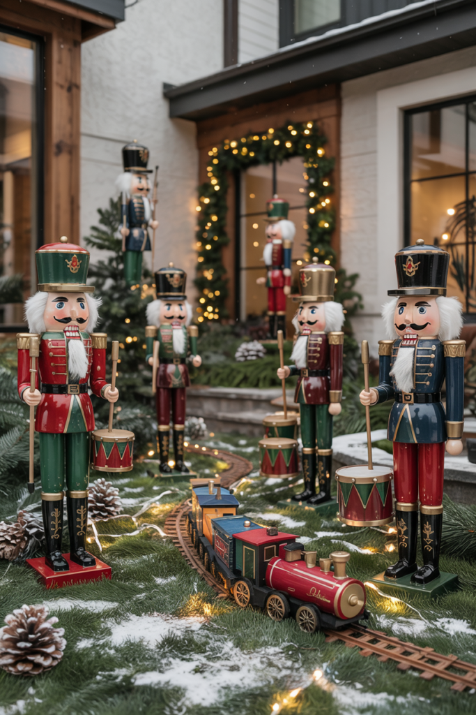 Outdoor Nutcracker display with toy drums and train set on a festive front lawn.