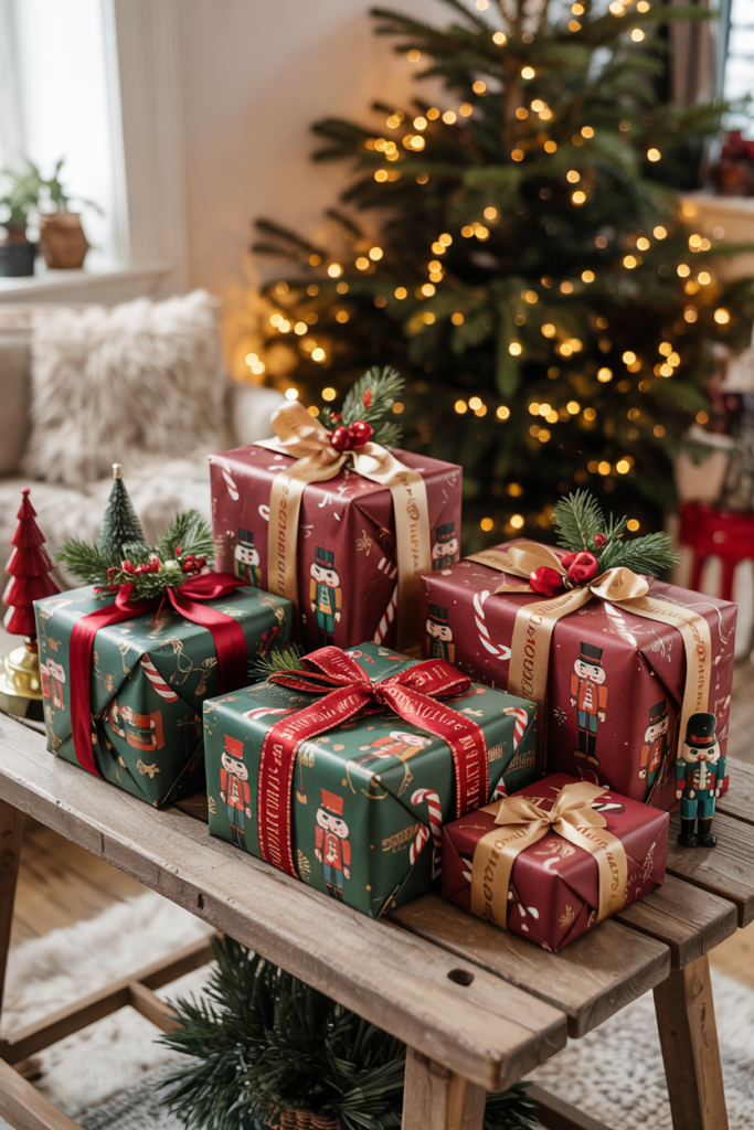 Christmas gifts wrapped in Nutcracker-themed paper and ribbons in a modern festive setting.