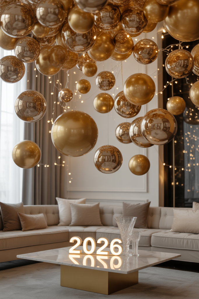 Hanging gold orb installation with suspended metallic baubles and warm lights creating a glamorous New Year 2026 celebration space.
