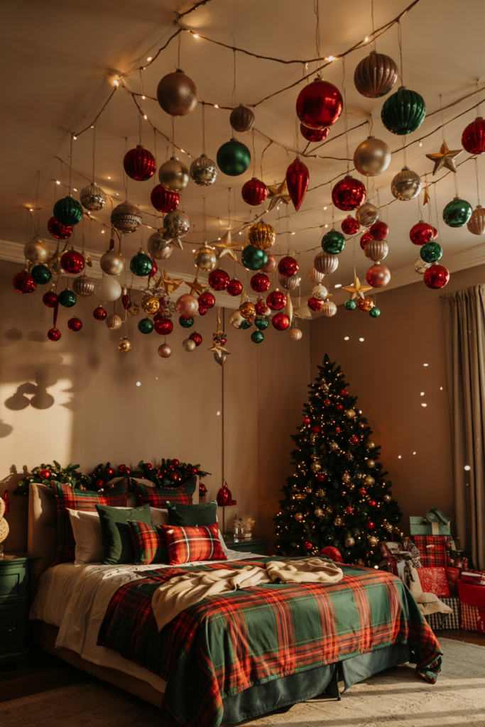 Dozens of contemporary lightweight ornaments—glass, wood, and minimalist stars—suspended on clear filament at staggered heights to form a colorful canopy above the bed.
