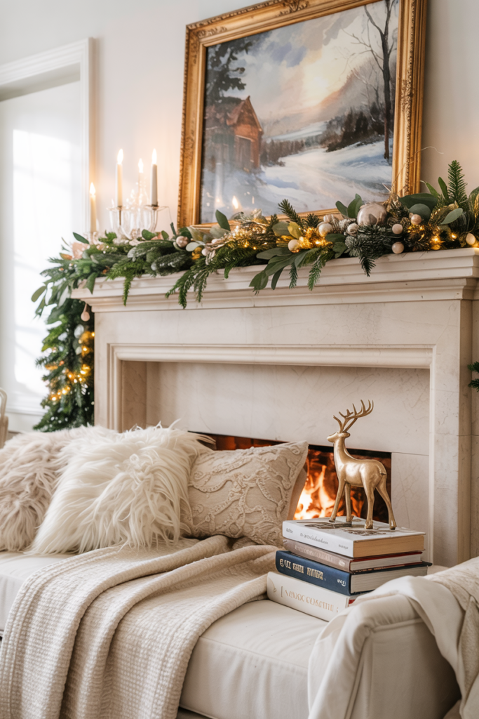 A modern winter mantel with faux-fur and bouclé throws draped over one end, styled with garlands, fairy lights, and soft neutral tones for a cozy luxe holiday look.