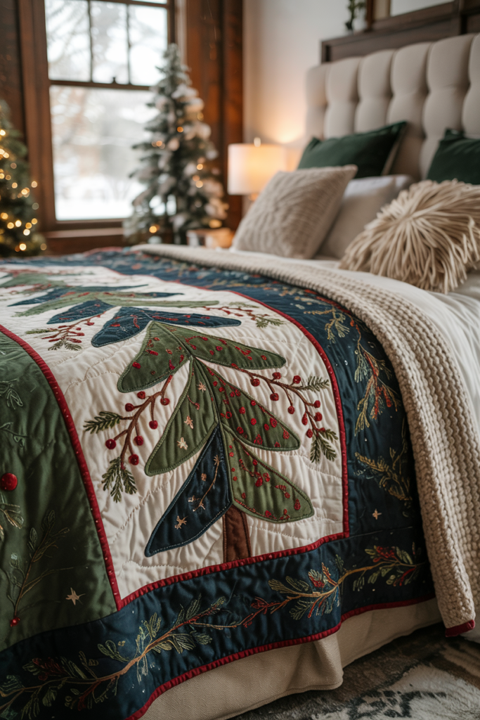 A handcrafted holiday quilt with forest motifs, embroidered stars, and visible quilting stitches layered over cream linens for a nostalgic look.