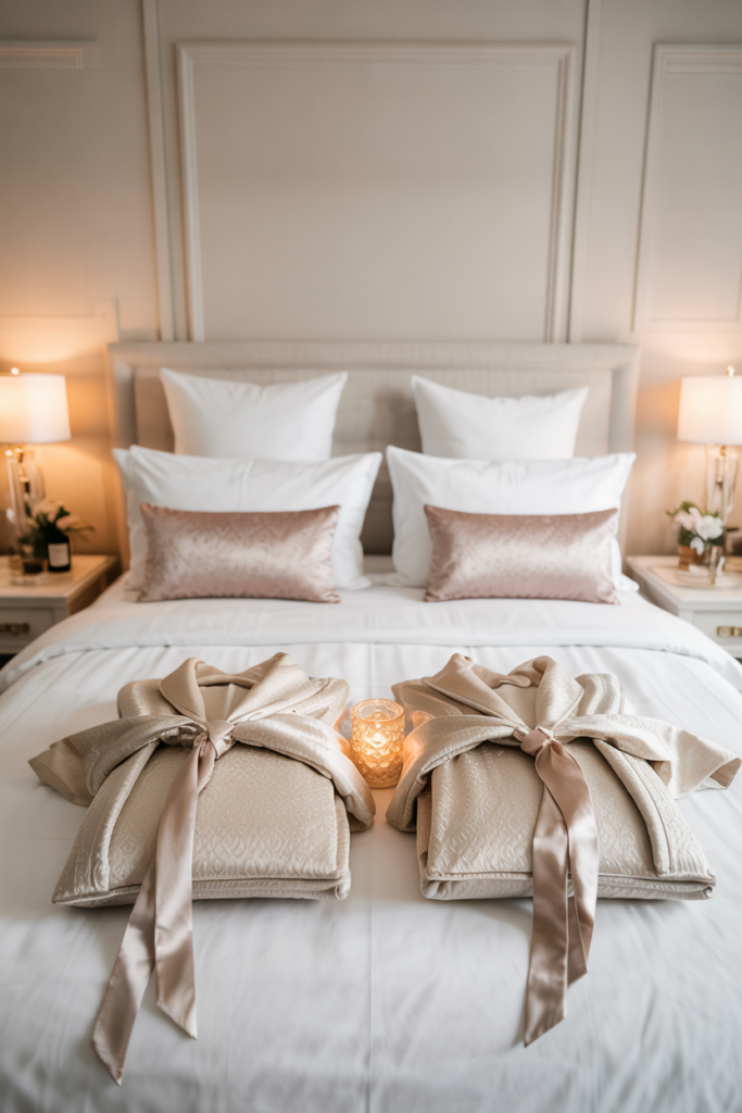 Luxury hotel-inspired Valentine bedroom with crisp white linens, plush robes displayed on the bed, soft blush accent pillows, warm ambient lighting, and a cozy romantic atmosphere.