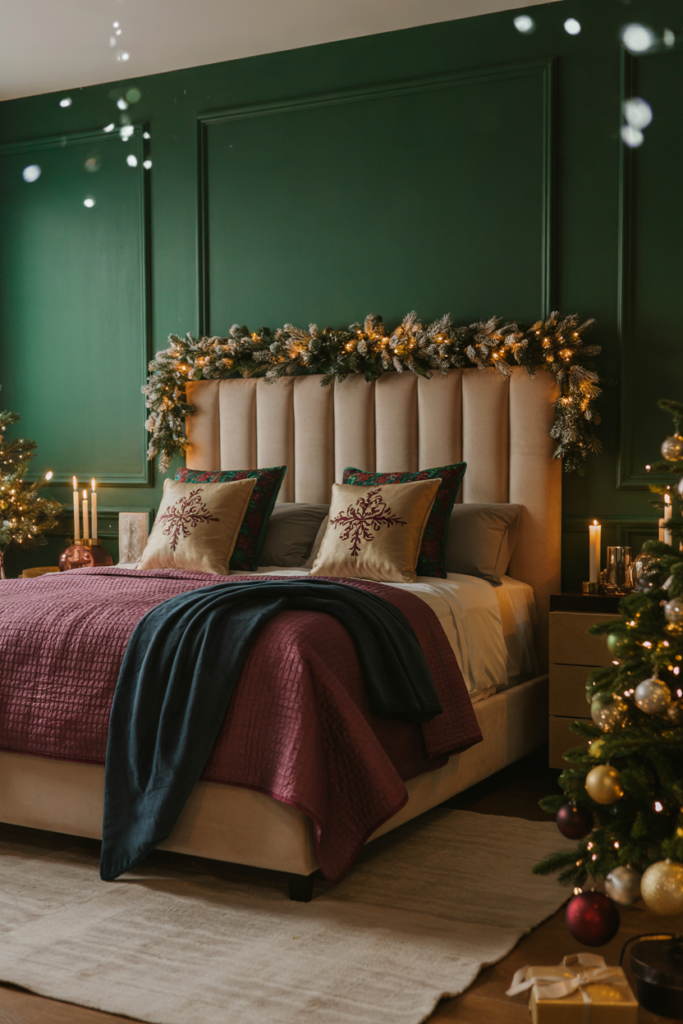 A moody jewel-toned accent wall in deep emerald provides a dramatic holiday backdrop behind a velvet- and faux-fur–layered bed with twinkling lights and a tabletop Christmas tree.