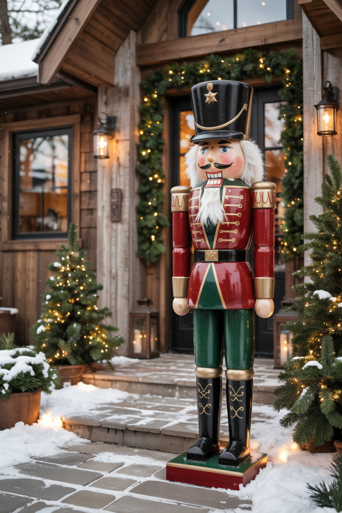 Life-size Nutcracker soldier greeting guests at a modern rustic front entry with festive greenery.