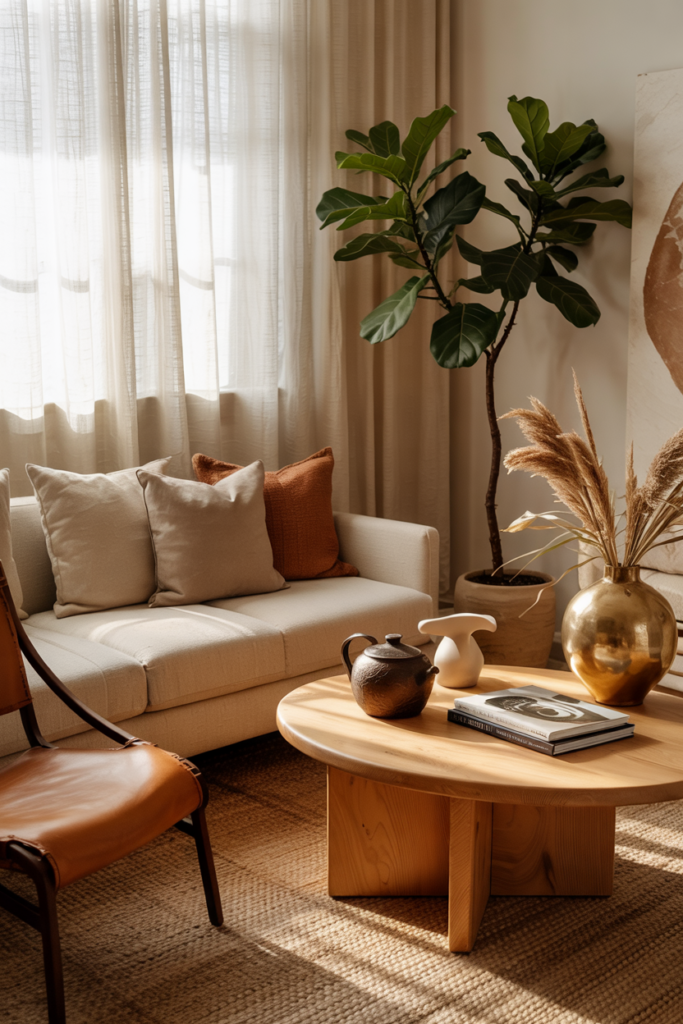 A warm minimalism living room with a low cream linen sofa, camel leather chair, oak coffee table and soft linen sheers bathing the space in golden light.