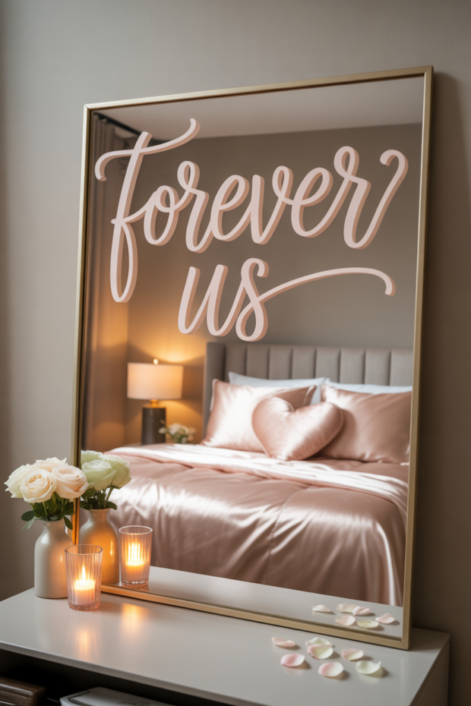 A large mirror with a romantic handwritten note in blush marker reflecting a perfectly organized satin bed.