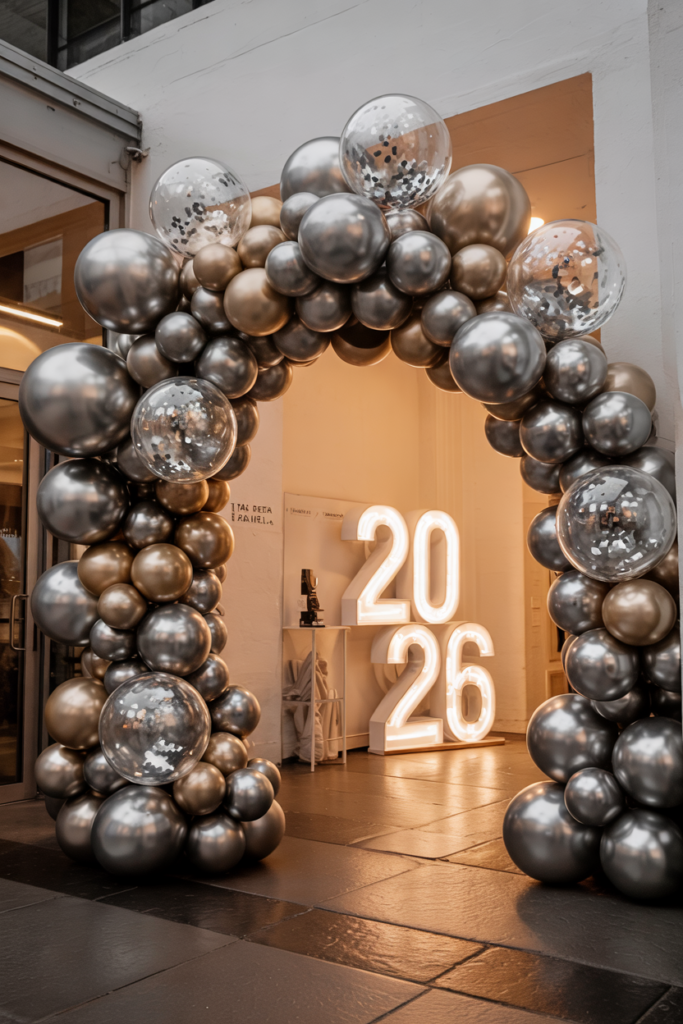 Futuristic mirror balloon arch with reflective chrome balloons creating a chic New Year 2026 photo backdrop.