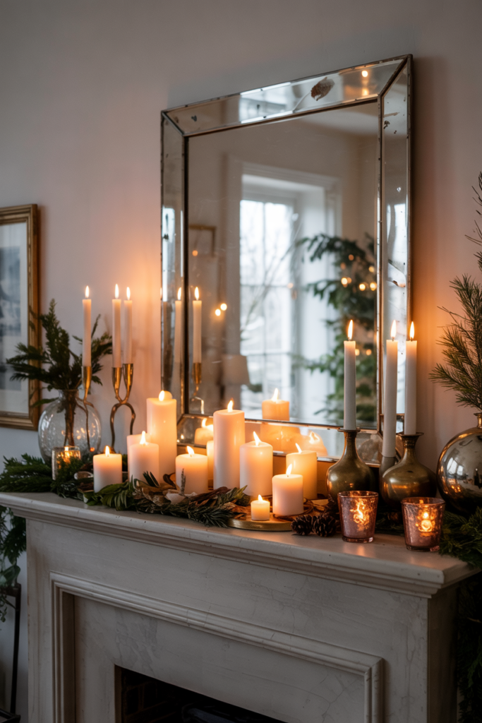 a winter mantel with a vintage mirror above and candles reflected in its surface, surrounded by greenery and soft metallic accents for a warm, glowing festive look.