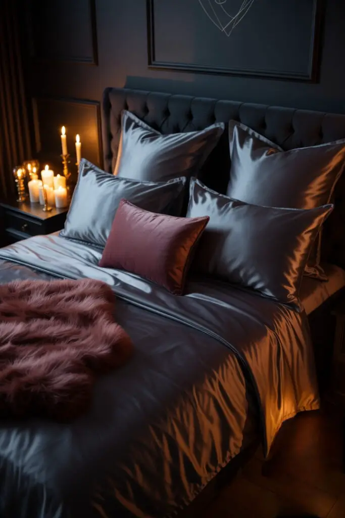 Dramatic moody bedroom with a perfectly organized bed dressed in black and deep burgundy linens, lit by clusters of warm candlelight.