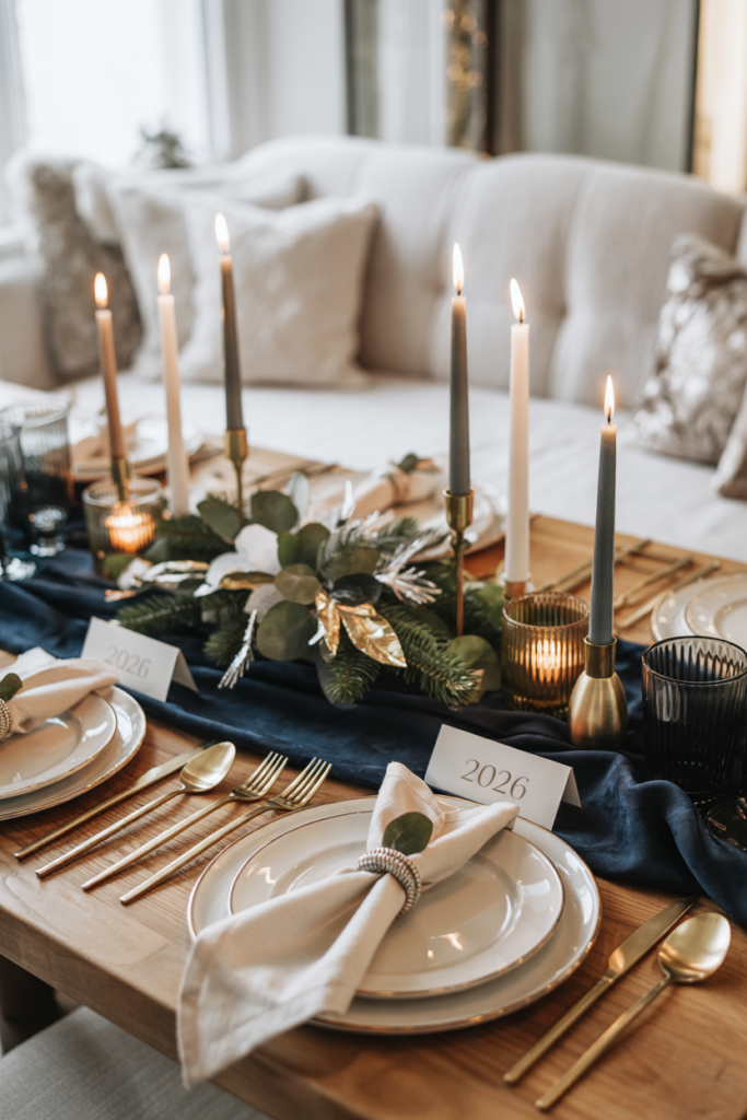 Navy and gold New Year table setting with elegant place settings, candlelight, and upscale winter dining decor.