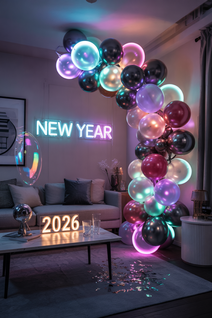 Futuristic home New Year decor with neon lights, LED strips, and a cyber-inspired balloon arch glowing for 2026.