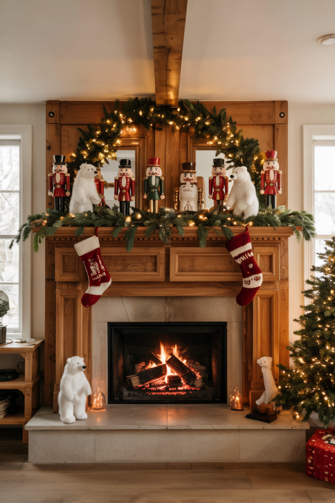 A Christmas fireplace mantel decorated with oversized nutcracker silhouettes or polar bear/lamb figurines, whimsical lights, and playful textures, creating a fun and festive holiday display.