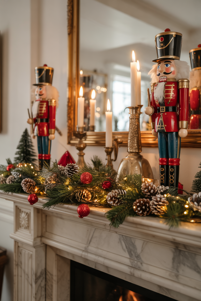 A Christmas fireplace decorated with antique nutcracker figurines, brass candlesticks, and a pine-cone garland, creating a nostalgic, heirloom-inspired holiday mantel with warm golden candlelight.