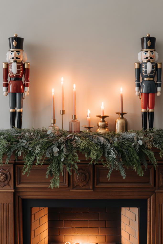 Front view of a fireplace mantel with classic nutcrackers on each end, a lush evergreen garland, and softly glowing brass candlesticks creating a nostalgic, heirloom-inspired holiday look.
