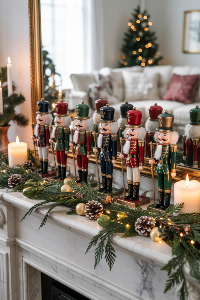 Row of classic Nutcracker soldiers displayed on a festive modern rustic mantel.