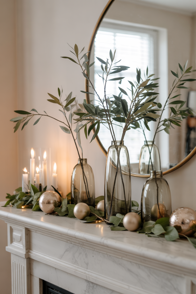 A modern winter mantel styled with slender glass vases holding olive-green sprigs, accented by candles and soft neutral tones for a fresh, elegant seasonal look.