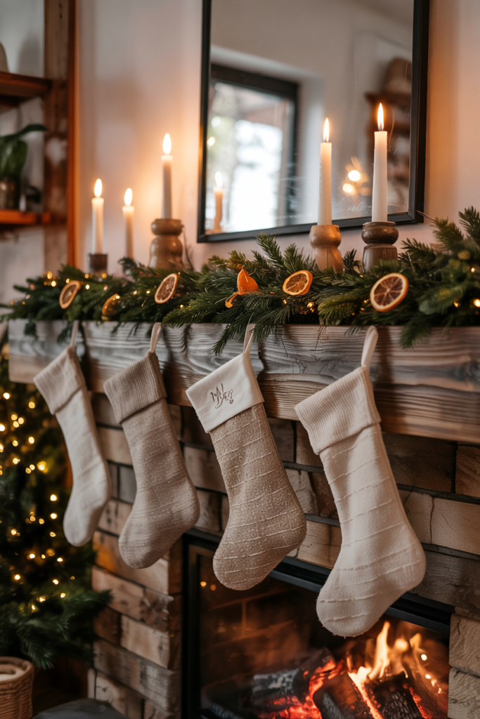 A rustic Christmas fireplace mantel decorated with dried orange slices, pine sprigs, linen stockings, and wooden candleholders, creating a warm, organic, and understated holiday display.