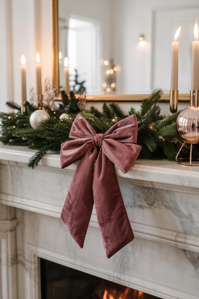 a modern luxe Christmas fireplace featuring an oversized velvet bow as the focal point, styled with a minimal garland and soft candlelight in a limited, elegant color palette for a 2025 statement look.