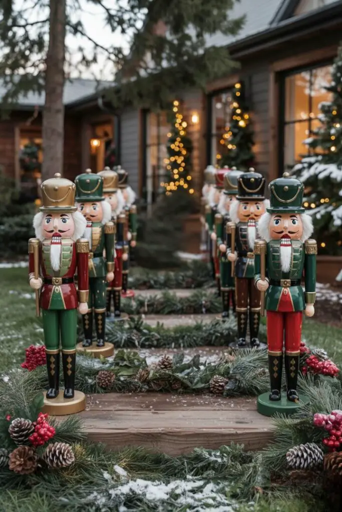 Driveway lined with Nutcracker figurines as festive pathway markers.