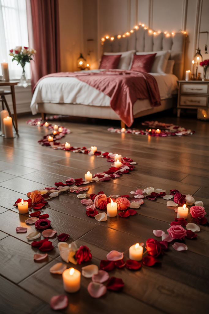 View from the doorway of a bedroom with a curved trail of red and blush rose petals leading across warm wood floors to a champagne-and-blush bed lit by candles and fairy lights.