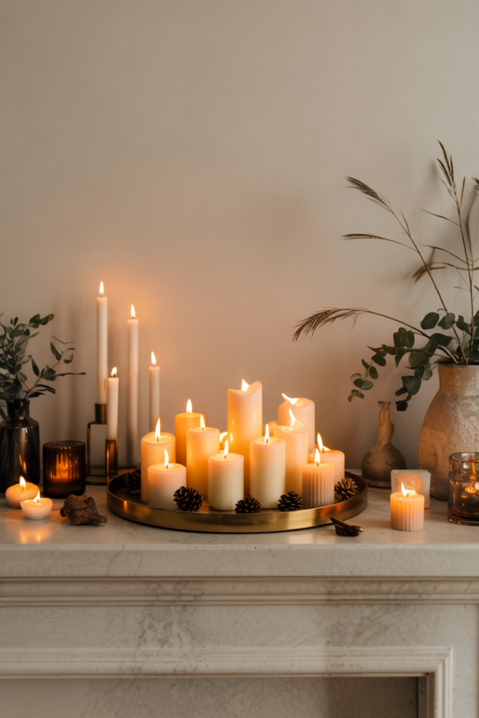 A winter mantel featuring clustered pillar candles of varying heights on a tray, surrounded by garland and pine accents, glowing warmly in a modern cozy living room.