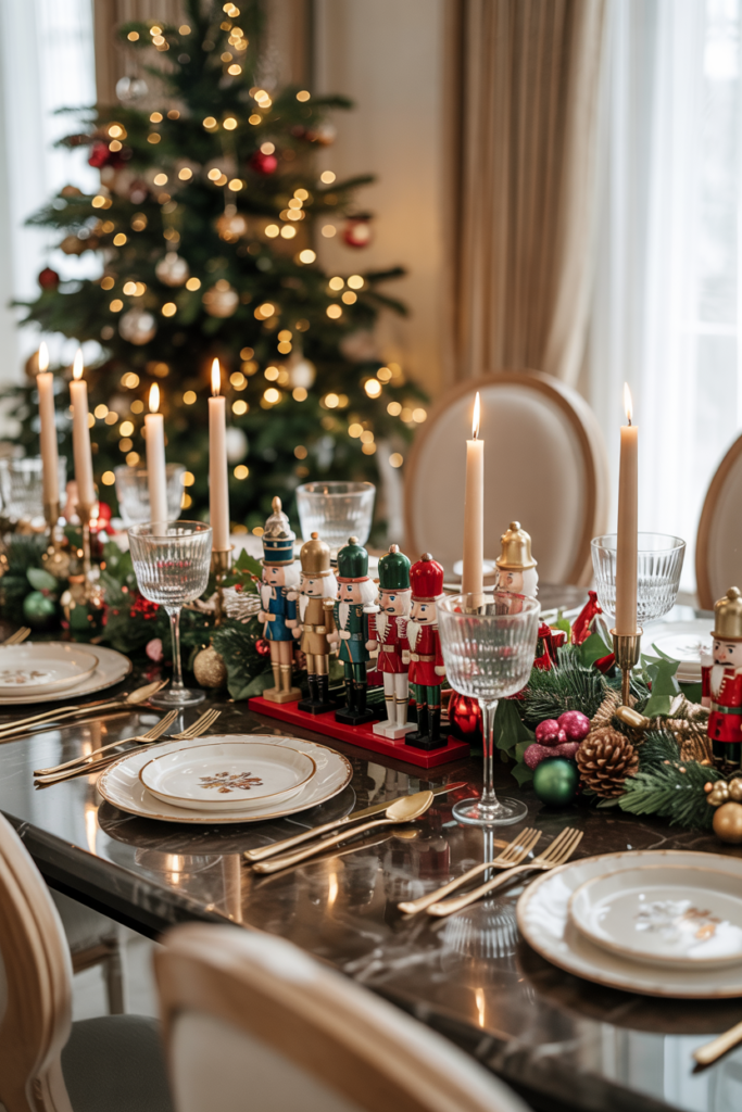 Nutcracker figurines used as festive place settings on a modern Christmas dining table.