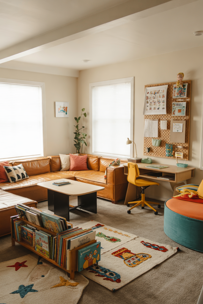 A multi-functional, playful living room with a modular grey sectional, foldaway desk, colorful play nook, pegboard wall of artwork and cozy family touches.