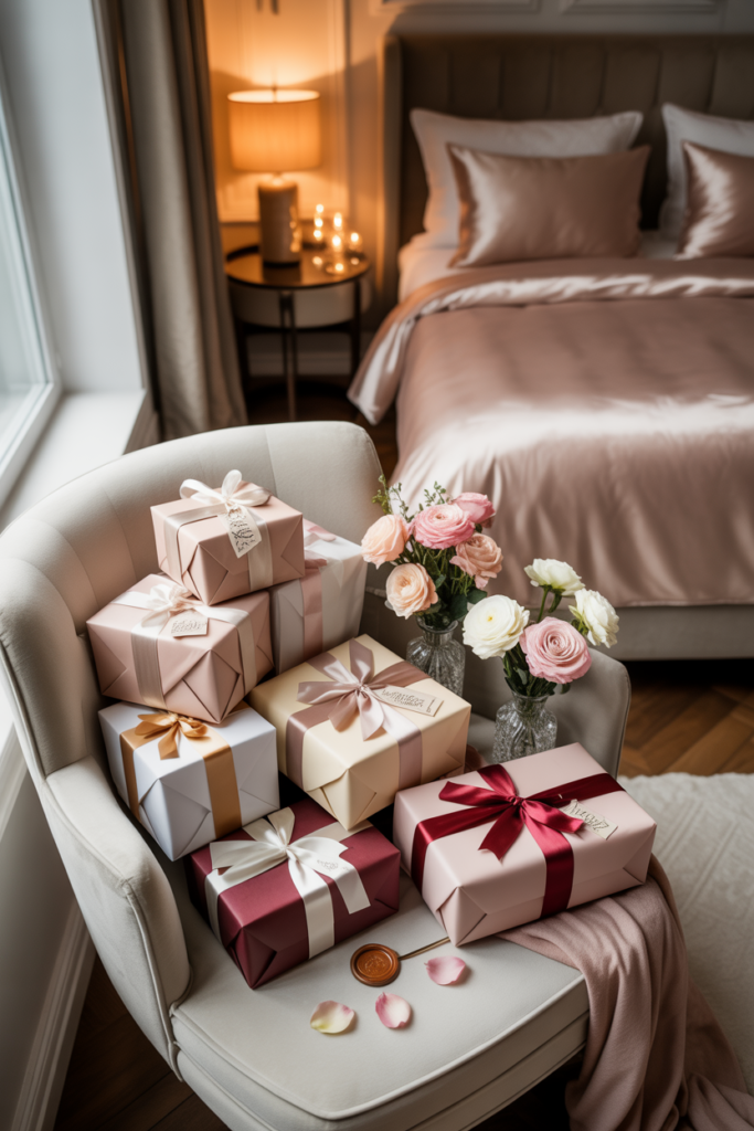 Cozy bedroom corner with a plush chair or bench artfully stacked with wrapped gifts, satin ribbons and small floral bouquets beside a tidy bed.