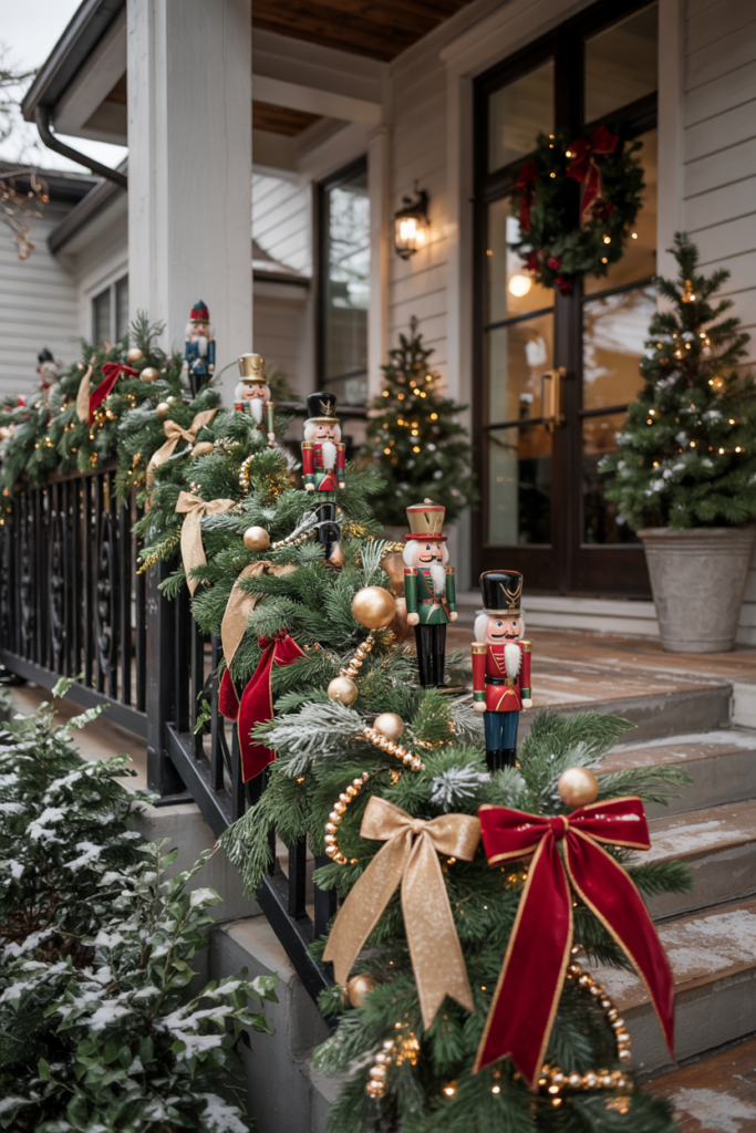 Porch railing decorated with evergreen garland, Nutcracker figurines, bows, and fairy lights.